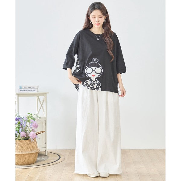 メガネガール 切替 バックプリント Tシャツ 綿100% 異素材 ドッキング 半袖