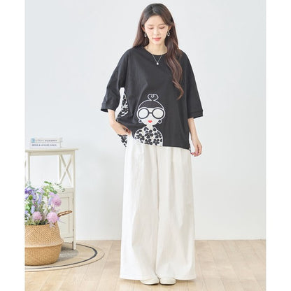 メガネガール 切替 バックプリント Tシャツ 綿100% 異素材 ドッキング 半袖