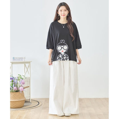 メガネガール 切替 バックプリント Tシャツ 綿100% 異素材 ドッキング 半袖