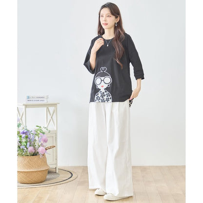 メガネガール 切替 バックプリント Tシャツ 綿100% 異素材 ドッキング 半袖