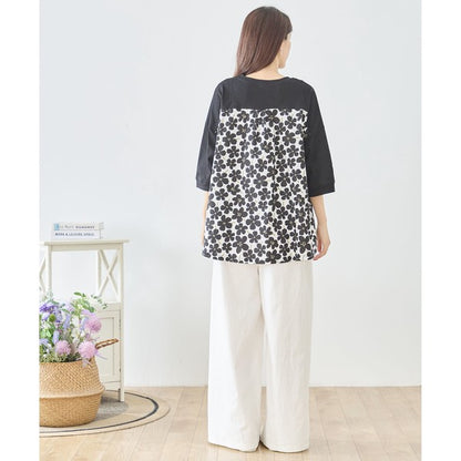 メガネガール 切替 バックプリント Tシャツ 綿100% 異素材 ドッキング 半袖