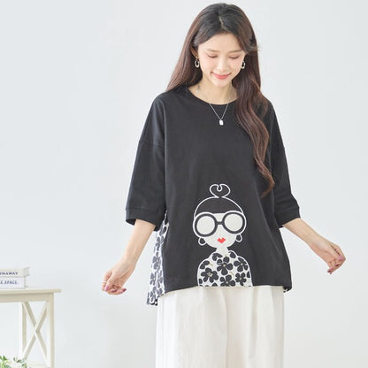 メガネガール 切替 バックプリント Tシャツ 綿100% 異素材 ドッキング 半袖