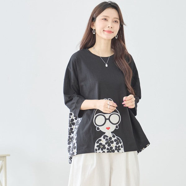 メガネガール 切替 バックプリント Tシャツ 綿100% 異素材 ドッキング 半袖