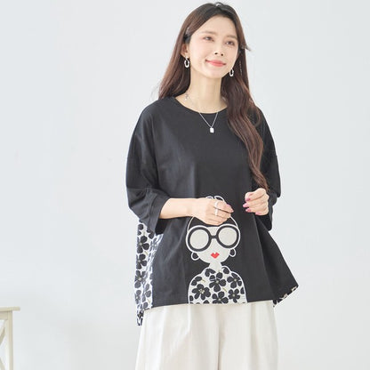 メガネガール 切替 バックプリント Tシャツ 綿100% 異素材 ドッキング 半袖