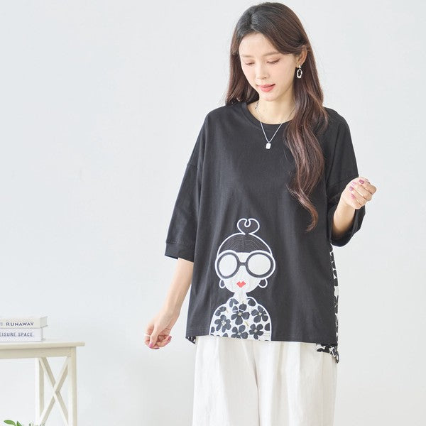 メガネガール 切替 バックプリント Tシャツ 綿100% 異素材 ドッキング 半袖