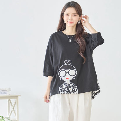 メガネガール 切替 バックプリント Tシャツ 綿100% 異素材 ドッキング 半袖