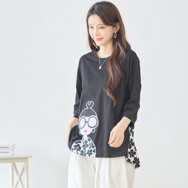 メガネガール 切替 バックプリント Tシャツ 綿100% 異素材 ドッキング 半袖