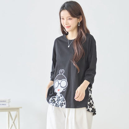 メガネガール 切替 バックプリント Tシャツ 綿100% 異素材 ドッキング 半袖