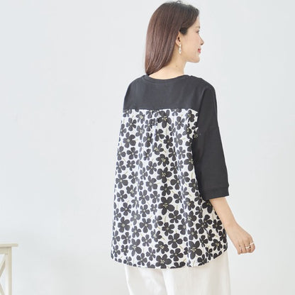 メガネガール 切替 バックプリント Tシャツ 綿100% 異素材 ドッキング 半袖