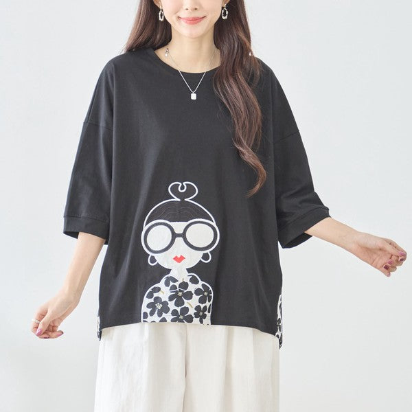 メガネガール 切替 バックプリント Tシャツ 綿100% 異素材 ドッキング 半袖