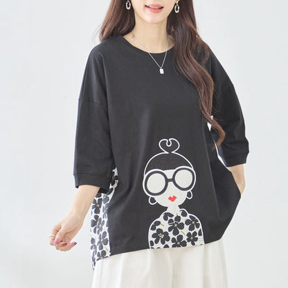 メガネガール 切替 バックプリント Tシャツ 綿100% 異素材 ドッキング 半袖