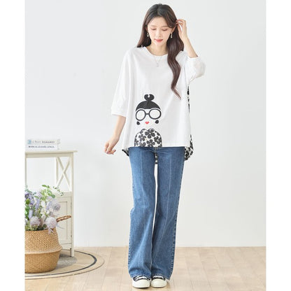 メガネガール 切替 バックプリント Tシャツ 綿100% 異素材 ドッキング 半袖