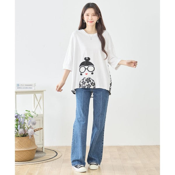 メガネガール 切替 バックプリント Tシャツ 綿100% 異素材 ドッキング 半袖