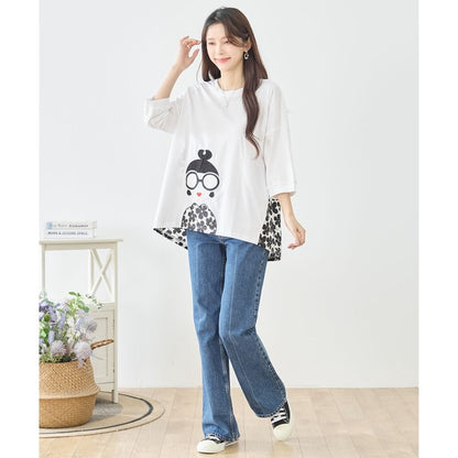 メガネガール 切替 バックプリント Tシャツ 綿100% 異素材 ドッキング 半袖