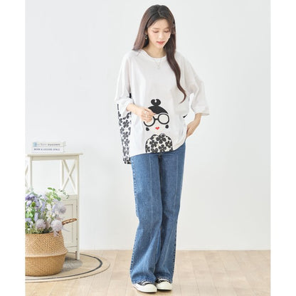 メガネガール 切替 バックプリント Tシャツ 綿100% 異素材 ドッキング 半袖