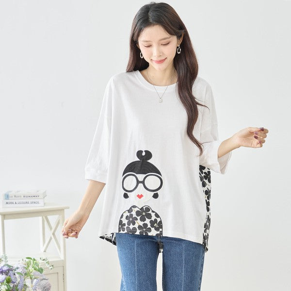 メガネガール 切替 バックプリント Tシャツ 綿100% 異素材 ドッキング 半袖