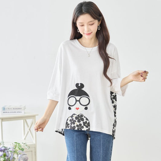 メガネガール 切替 バックプリント Tシャツ 綿100% 異素材 ドッキング 半袖