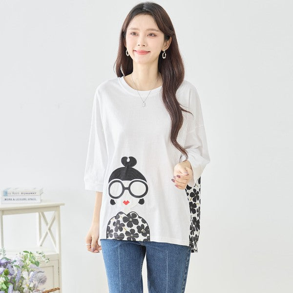 メガネガール 切替 バックプリント Tシャツ 綿100% 異素材 ドッキング 半袖