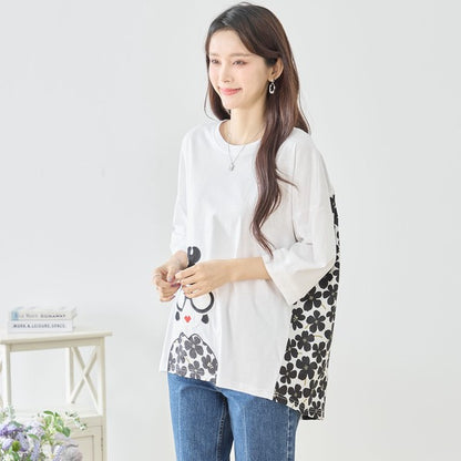 メガネガール 切替 バックプリント Tシャツ 綿100% 異素材 ドッキング 半袖