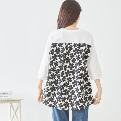 メガネガール 切替 バックプリント Tシャツ 綿100% 異素材 ドッキング 半袖