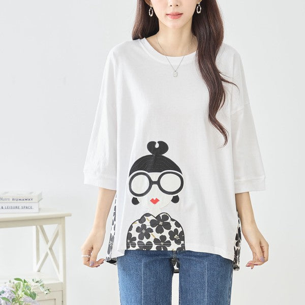 メガネガール 切替 バックプリント Tシャツ 綿100% 異素材 ドッキング 半袖