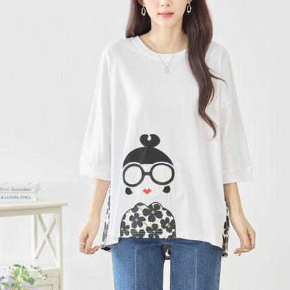 メガネガール 切替 バックプリント Tシャツ 綿100% 異素材 ドッキング 半袖