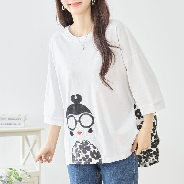 メガネガール 切替 バックプリント Tシャツ 綿100% 異素材 ドッキング 半袖