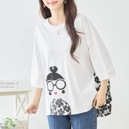 メガネガール 切替 バックプリント Tシャツ 綿100% 異素材 ドッキング 半袖