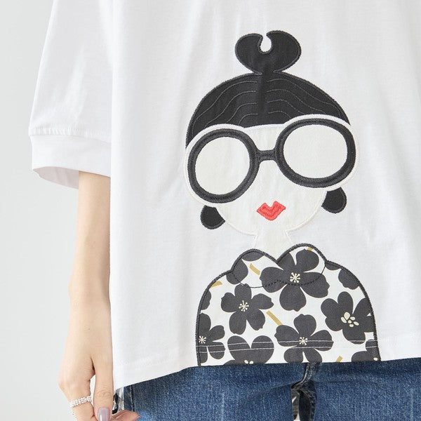 メガネガール 切替 バックプリント Tシャツ 綿100% 異素材 ドッキング 半袖