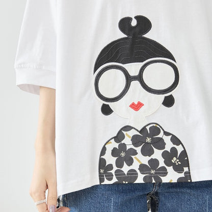 メガネガール 切替 バックプリント Tシャツ 綿100% 異素材 ドッキング 半袖