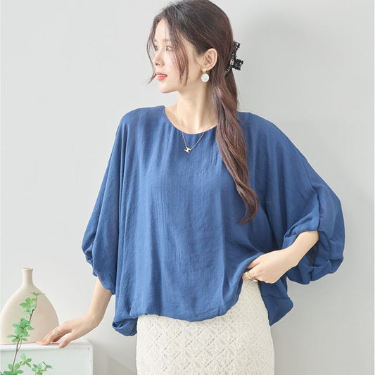 バルーン ブラウス プルオーバー ボリューム袖 クルーネック 裏地付き ゆったり 体型カバー 春 夏
