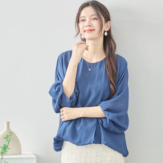バルーン ブラウス プルオーバー ボリューム袖 クルーネック 裏地付き ゆったり 体型カバー 春 夏