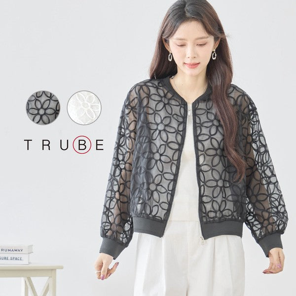 シースルー フラワーレース ジップブルゾン 刺繍 羽織り ノーカラー きれいめ