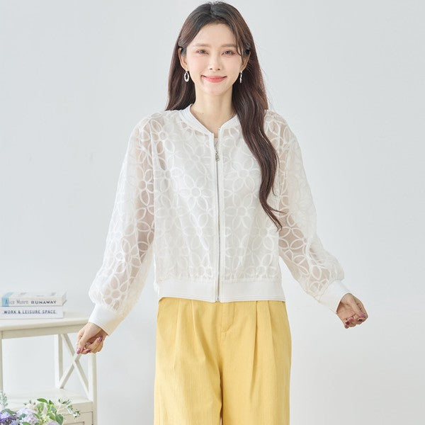 シースルー フラワーレース ジップブルゾン 刺繍 羽織り ノーカラー きれいめ