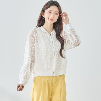 シースルー フラワーレース ジップブルゾン 刺繍 羽織り ノーカラー きれいめ