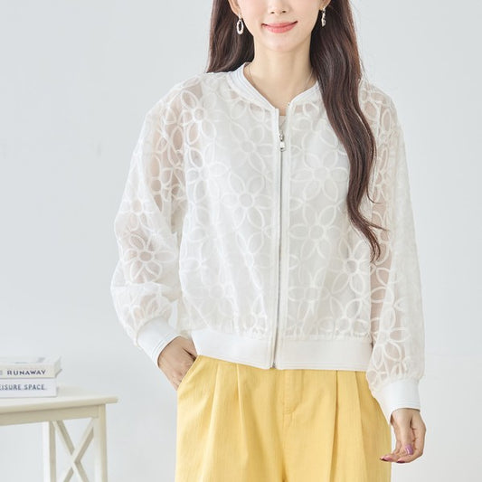 シースルー フラワーレース ジップブルゾン 刺繍 羽織り ノーカラー きれいめ