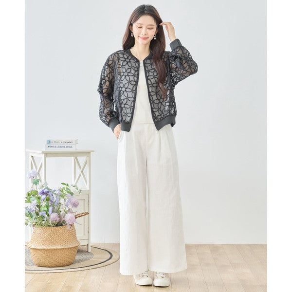 シースルー フラワーレース ジップブルゾン 刺繍 羽織り ノーカラー きれいめ