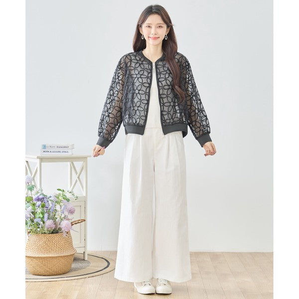シースルー フラワーレース ジップブルゾン 刺繍 羽織り ノーカラー きれいめ