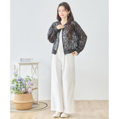 シースルー フラワーレース ジップブルゾン 刺繍 羽織り ノーカラー きれいめ