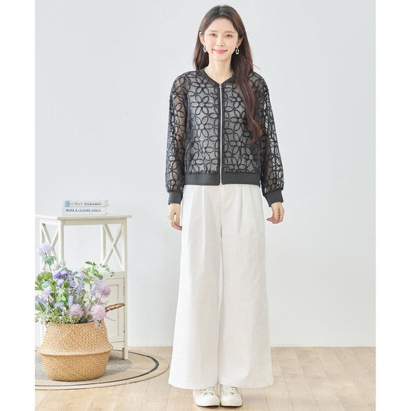 シースルー フラワーレース ジップブルゾン 刺繍 羽織り ノーカラー きれいめ