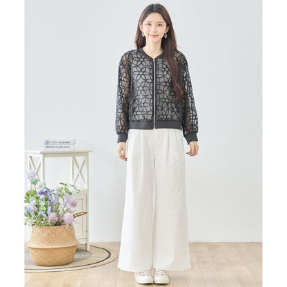 シースルー フラワーレース ジップブルゾン 刺繍 羽織り ノーカラー きれいめ