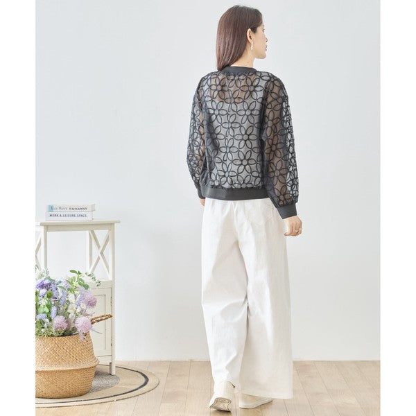 シースルー フラワーレース ジップブルゾン 刺繍 羽織り ノーカラー きれいめ
