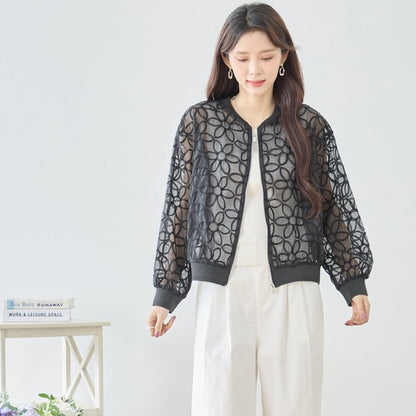 シースルー フラワーレース ジップブルゾン 刺繍 羽織り ノーカラー きれいめ