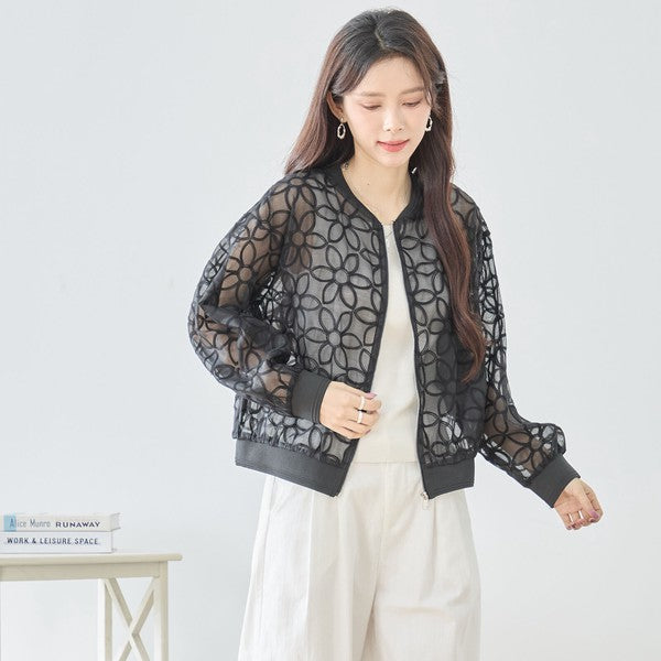シースルー フラワーレース ジップブルゾン 刺繍 羽織り ノーカラー きれいめ
