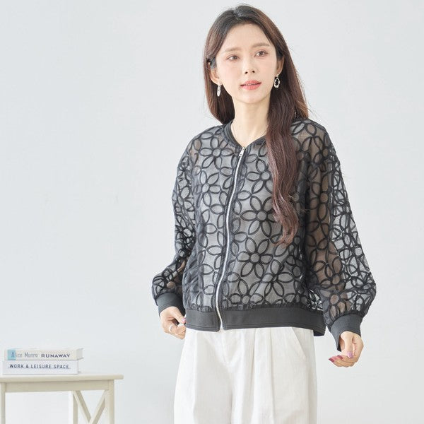 シースルー フラワーレース ジップブルゾン 刺繍 羽織り ノーカラー きれいめ