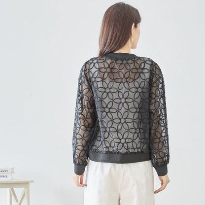 シースルー フラワーレース ジップブルゾン 刺繍 羽織り ノーカラー きれいめ