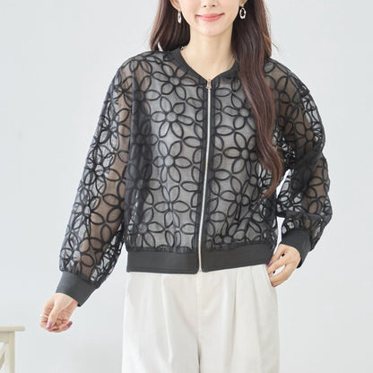 シースルー フラワーレース ジップブルゾン 刺繍 羽織り ノーカラー きれいめ