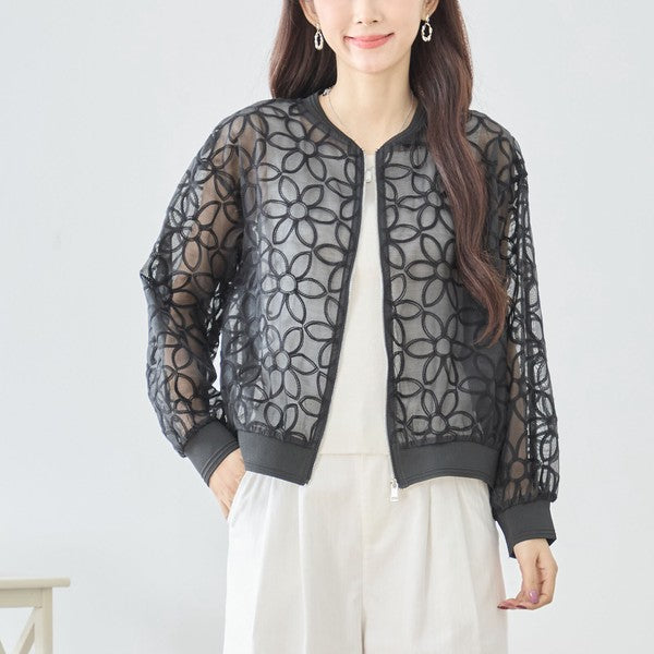 シースルー フラワーレース ジップブルゾン 刺繍 羽織り ノーカラー きれいめ