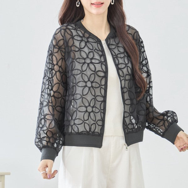 シースルー フラワーレース ジップブルゾン 刺繍 羽織り ノーカラー きれいめ