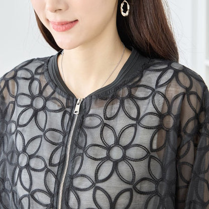 シースルー フラワーレース ジップブルゾン 刺繍 羽織り ノーカラー きれいめ